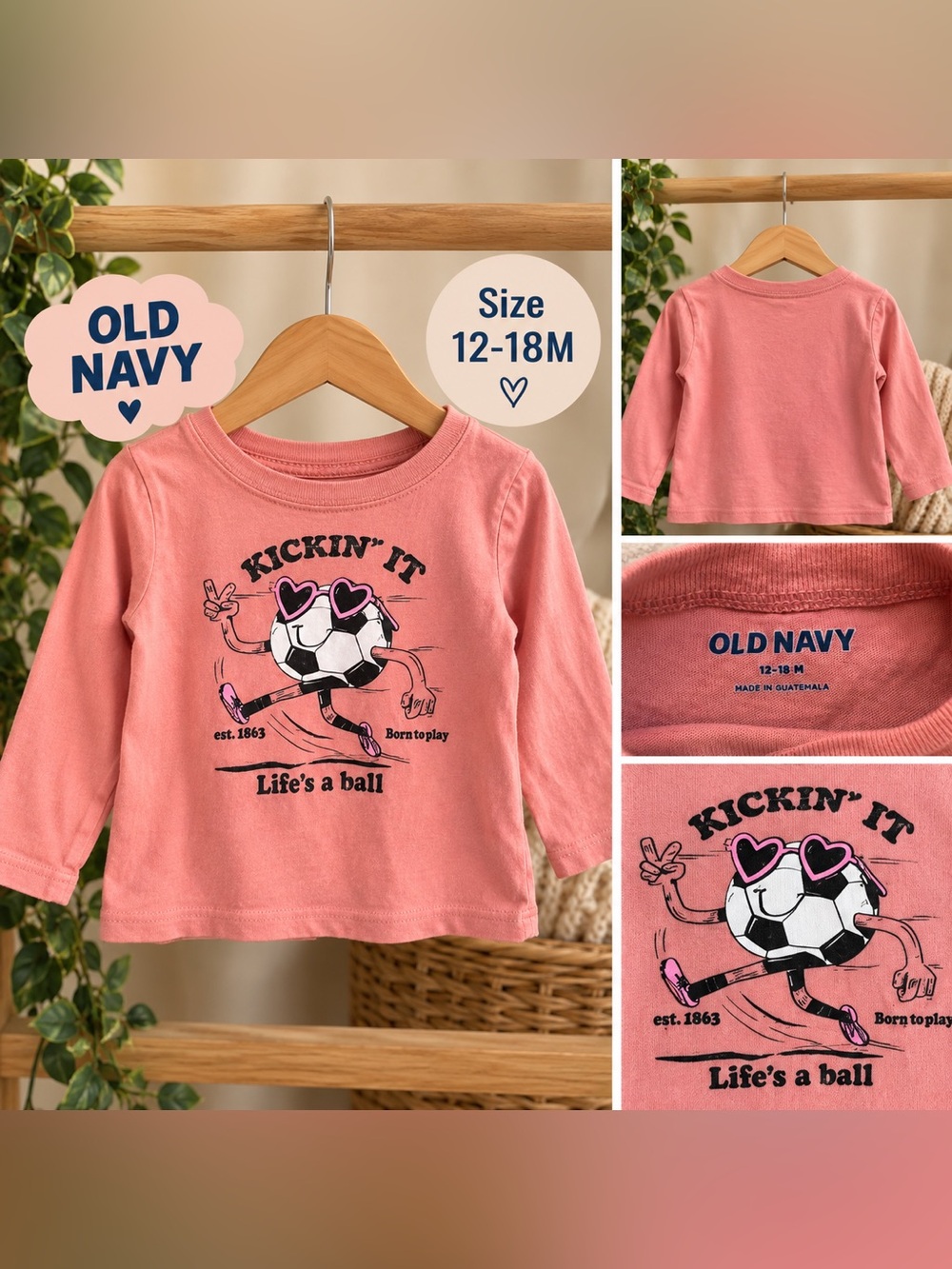 ⚽ Old Navy Baby Girl “Kickin’ It” Soccer Long Sleeve Top – 12–18M 💗